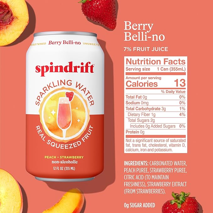 Spindrift Sparkling Water, Berry Belli-no Flavored, Made with Real Squeezed Fruit, 12 Fl OZ Cans, Pack of 24 (Only 13 Calories per Can)