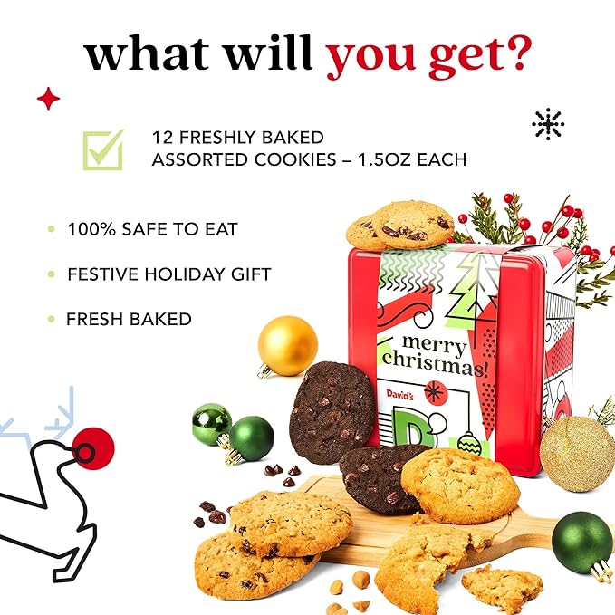 David’s Gourmet Fresh Baked Merry Christmas Assorted Holiday Cookies Tin – 1Lb All-Natural Handmade Soft Variety Cookies in a Premium Gift Box