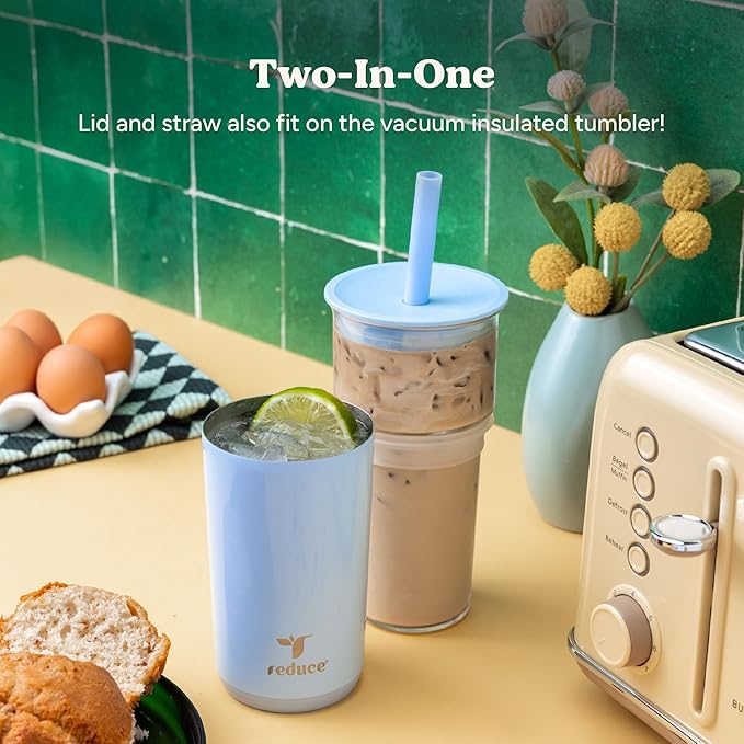 REDUCE Aspen 20 oz Vacuum Insulated Glass Tumbler with Lid & Extra Wide Straw - Keeps Drinks Cold for 12 Hrs - Ideal for Iced Coffee, Smoothies & Boba - Dishwasher Safe, Soft Base - French Vanilla