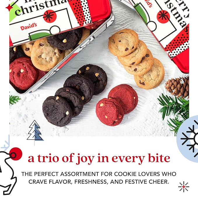 David's Cookies Merry Christmas Mini Cookies in Sweet Sampler Tin - Assorted Mini Christmas Cookies with Chocolate & White Chocolate Chip and Red Velvet - Gourmet Cookie Gift Basket for Holidays 14oz