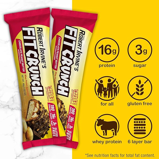 FITCRUNCH Snack Size Protein Bars, 6-Layer Baked Bar, 3g of Sugar, Gluten Free & Soft Cake Core (9 Bars, Chocolate Peanut Butter)