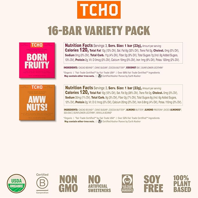 TCHO 100% Plant-Based Dark & Milk Chocolate Variety Pack - Gourmet Assortment with Toffee Time, Choco Latte, Dark & Salty, & More - Vegan No Artificial Sweeteners Chocolate Gift - 16 Count