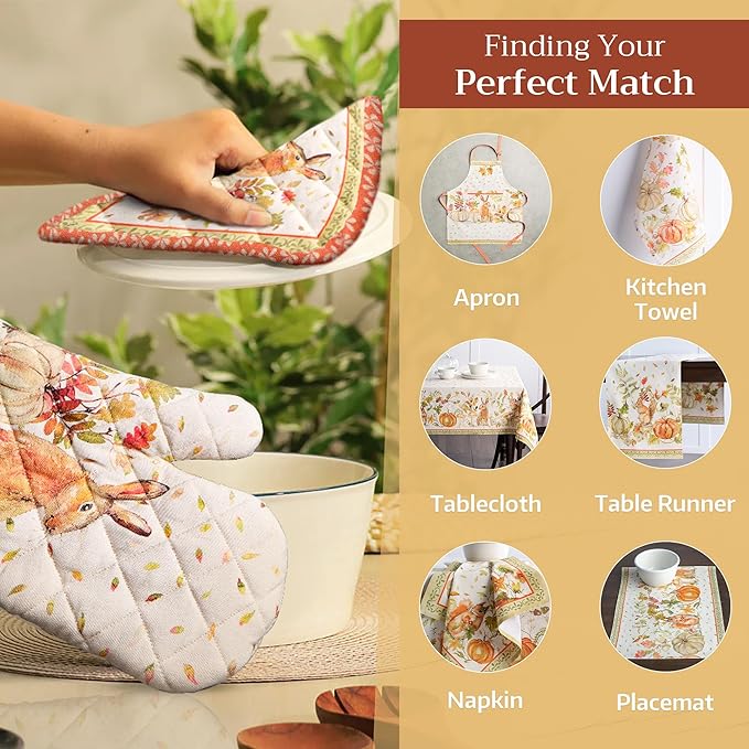 Maison d' Hermine 100% Cotton Oven Mitt & Pot Holder Set (7.5"x13" & 8"x8") Heat Resistant BBQ Cooking Gloves with Loop, Baking, Grilling, Kitchen, Handling Hot Pans (Pumpkin Passion)