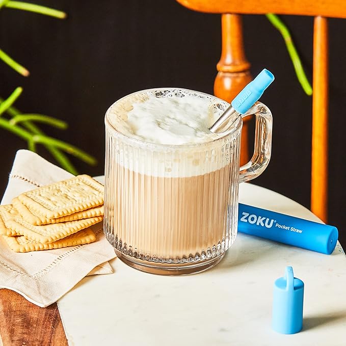 ZOKU Reusable Metal Straw with Case for Travel, Blue - Collapsible Stainless Steel Drinking Straw with Silicone Tip and Cleaner Brush, Ideal for Key Chains, Pockets, Purses