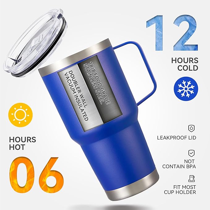 30 oz Tumbler with Handle and Lid, Stainless Steel Tumblers Double Wall Vacuum Insulated Travel Mug Leak Proof Cup Keep Drinks Cold and Hot Blue, 1 Pack