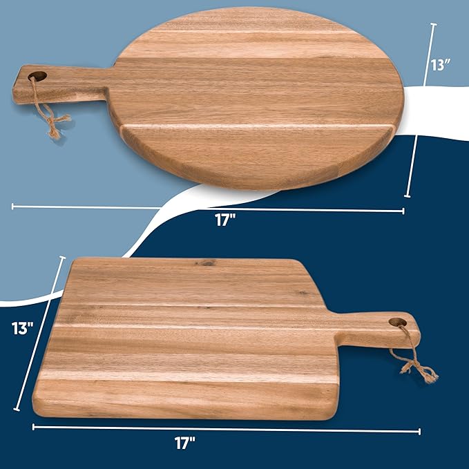 KOLWOVEN Acacia Wood Cutting Board 2 Pack with Handle, Wooden Charcuterie Board Large Paddle Carving Chopping Board Set, Serving Tray for Cheese Meat Fruit Pizza Bread Baking