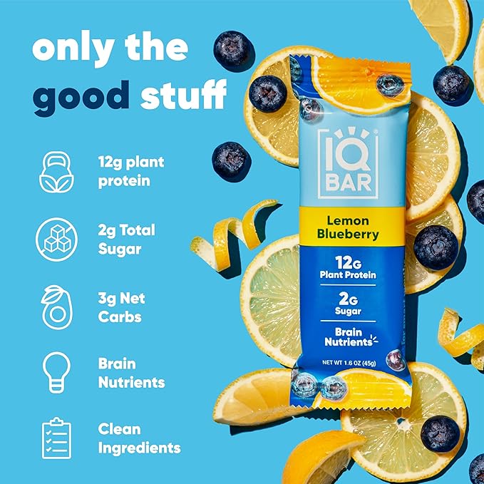 IQBAR Brain and Body Plant Protein Bars - Lemon Blueberry - 36-Count - Keto, Vegan, Low Carb, High Fiber, Gluten Free, Dairy Free, Low Sugar Snack with Nutrients for Focus, Energy, Meal Replacement