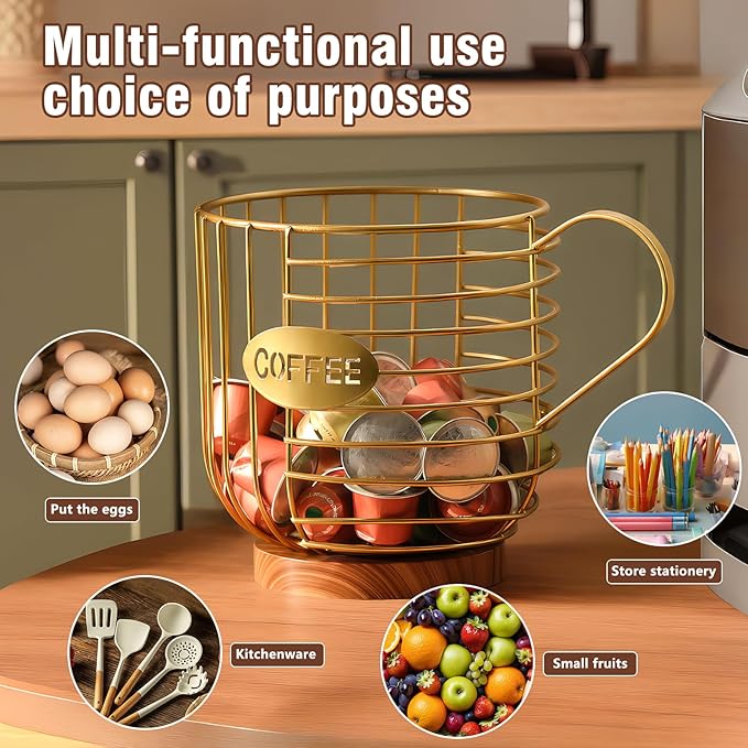 Coffee Pod Holder,Bar Accessories - Espresso Pod Holder - Large Capacity Black Wire Coffee Basket With Wooden Base