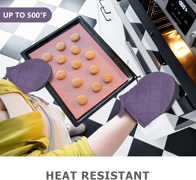 1 Pair Short Oven Mitts - Silicone Kitchen Oven Gloves High Heat Resistant 500℉, Mini Oven Mits with Non-Slip Grip Surfaces and Hanging Loop for BBQ, Baking, Cooking and Grilling (Purple)