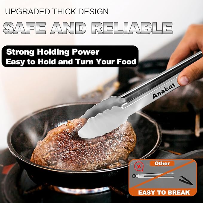 Anaeat Premium Kitchen Locking Tong Set of 3 - Heavy Duty Stainless Steel Food Tongs with Long Handle & Non-Slip Silicone Grip for Cooking, Baking, Grilling - Heat Resistant up to 480°F