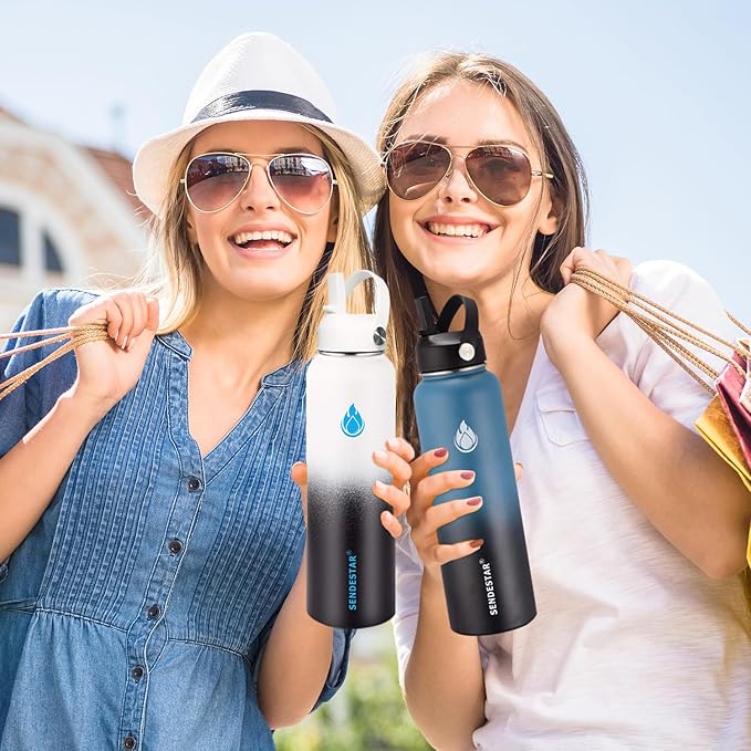 SENDESTAR Stainless Steel Wide Mouth Water Bottle 24oz Double Wall Vacuum Insulated Leak Proof Bottle with New Flex Straw Lid & Spout Lid XIN-MI-0750-1