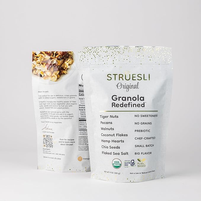 Struesli Original Organic Granola, Grain & Gluten Free, Healthy Snacks with Chia Seeds, Nuts & Sea Salt, Prebiotic High Fiber Food for Yogurt, Cereal & More, Plant Based, Keto & Paleo, 9 Oz, 2 Pack