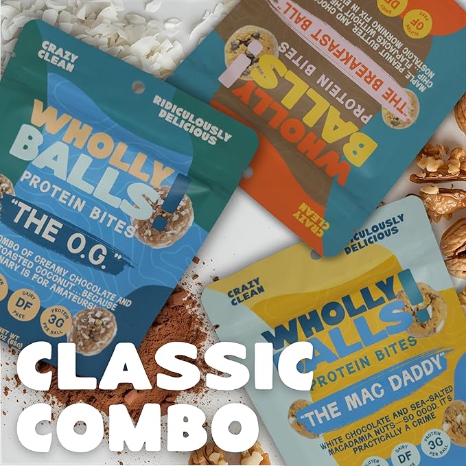 Wholly Balls Protein Bites – Healthy Plant-Based Snack | High Protein, Low Sugar, Gluten-Free Energy Balls (Pack of 3, Classic Combo Bundle)