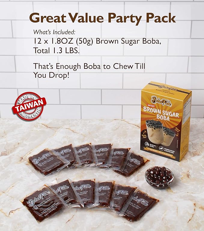 BOBA FIDE Instant Brown Sugar Boba Tapioca Pearls, 12 Packets of Microwavable Black Tapioca Pearls for Boba Bubble Tea, Ready in 25 Seconds, No Corn Syrup, Preservatives & Gluten Free, Vegan