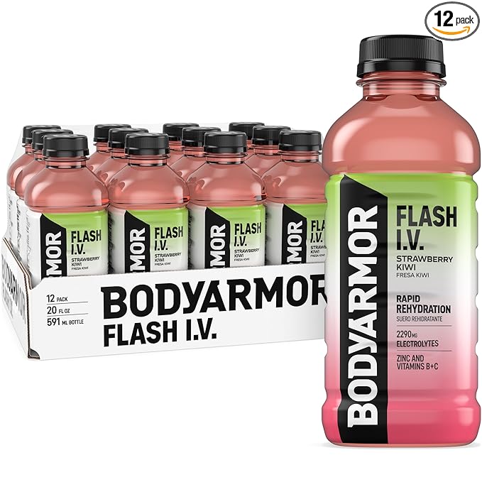 BODYARMOR Flash I.V. Electrolyte Beverage, Strawberry Kiwi, Hydration Drink with Coconut Water For Rapid Rehydration, Post Workout Recovery, 20 Fl Oz (Pack of 12)