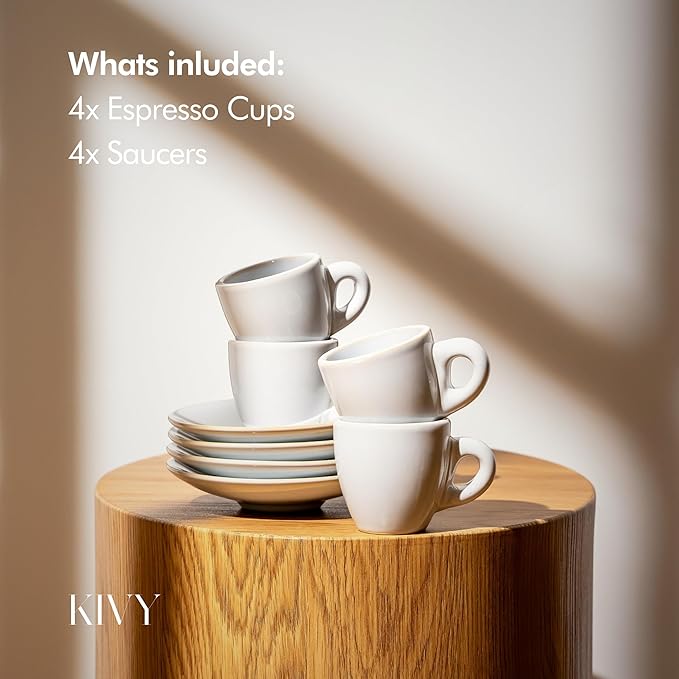 KIVY 3 oz Espresso cups set of 4 - Thick walled stoneware espresso cup set - Italian style espresso cups and saucers - Demitasse cups set of 4 - Small coffee mugs - Demitasse cups and saucers sets