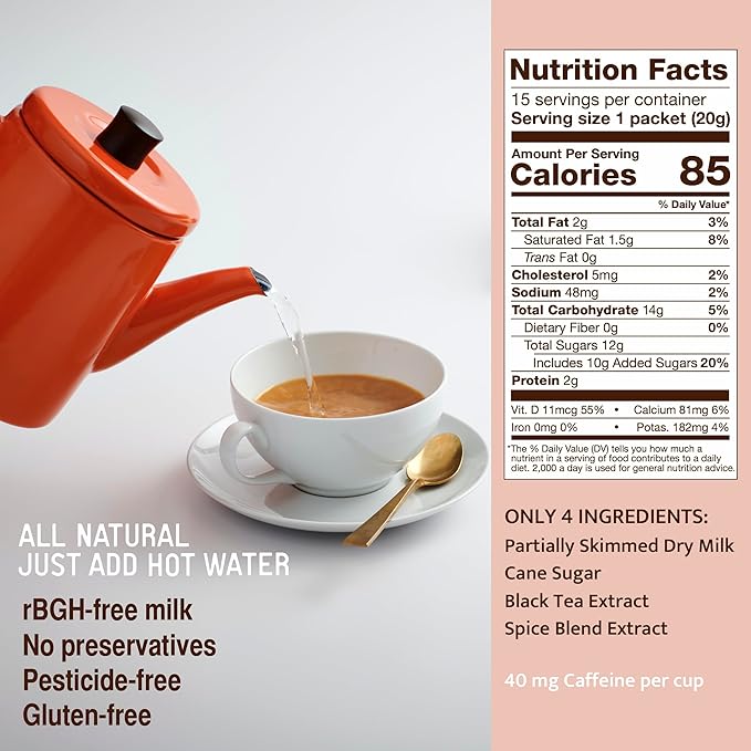 Jaipur Avenue Ginger Chai Tea Mix Crafted with All-Natural Assam Black Tea, Ginger, Cane Sugar, and Premium Dry Milk - Preservative-Free, Gluten-Free, Authentic Indian Chai Tea Latte (15 Servings)