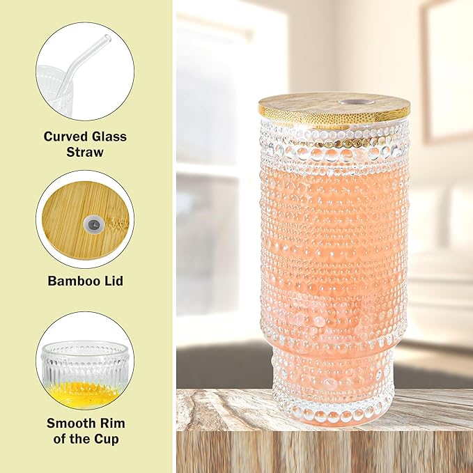 8 Pcs 16 oz Hobnail Glasses Cups Set with Bamboo Lids Straws Brush Hobonail Ribbed Glassware Set for Juice Iced Coffee Beer Cocktail Whiskey