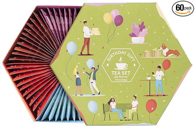 ACORUS | Birthday Gift Tea Set | Natural Tea Hamper Box Gift Set of 6 Flavors | Thoughtful Present for Birthday | Large Selection Box | Tea Gift Sets | 60 Herbal and Fruit Tea Bags Variety Pack