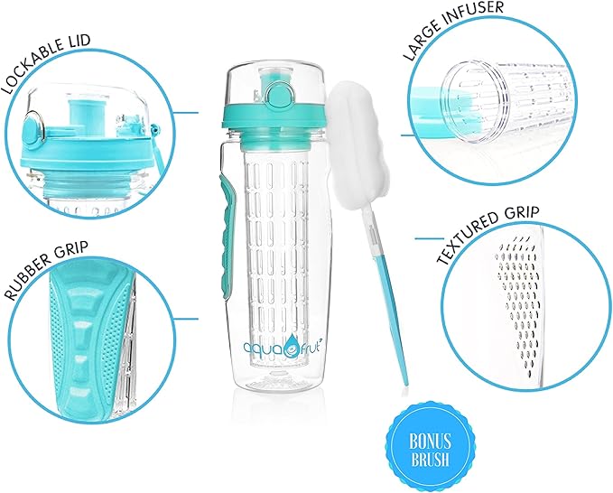aquaFrut 32 OZ Fruit Infuser Water Bottle BPA-Free Fruit Infusion Sports Bottle - Flip Top Lid w Drinking Spout, Leak Proof, Made of Durable Tritan. Free Recipe eBook! (Teal)