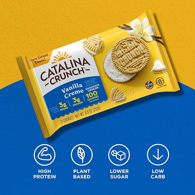 Catalina Crunch Protein Cookies, 4g Protein per Serving - Low-Sugar Sandwich Cookies - Gluten Free, Vegan - Keto Dessert Snacks - Vanilla Creme, 8.9 oz. (21 Count)