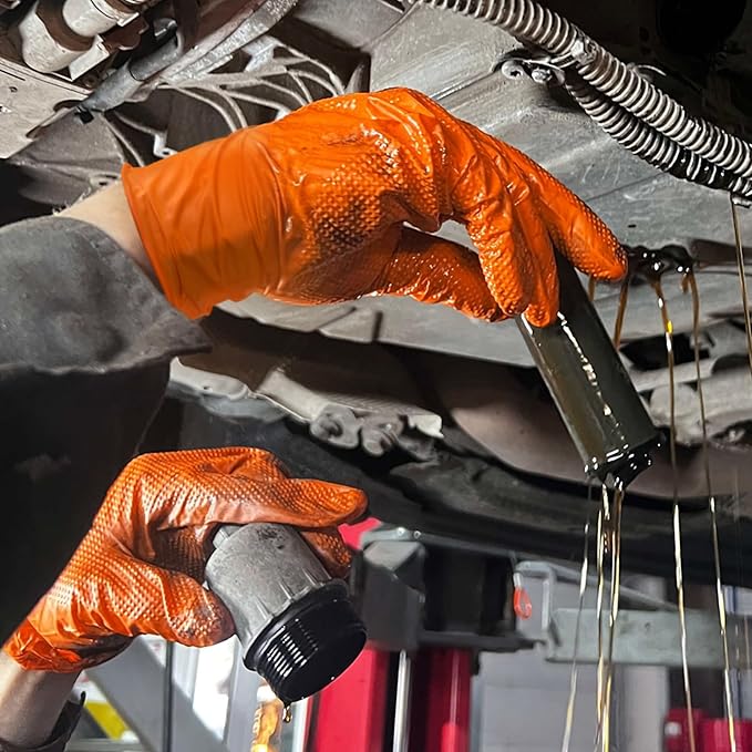 TitanFlex Heavy Duty Nitrile Gloves, 6 Mil Orange Raised Diamond Texture, Mechanic Disposable Gloves Latex Free Powder Free
