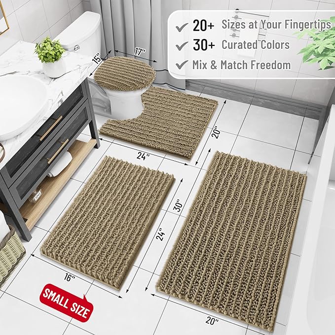 Arotive Luxury Chenille Bathroom Rug Mat, Extra Soft Thick Absorbent Shaggy Bath Rugs, Non-Slip Machine Wash Dry, Plush Bath Mats for Bathroom, Shower and Tub, 24x16, Camel