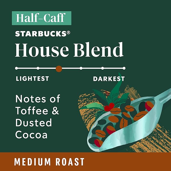 Starbucks K-Cup Coffee Pods, Medium Roast Coffee, Half-Caff House Blend For Keurig Brewers, 100% Arabica, 6 Boxes (60 Pods Total)