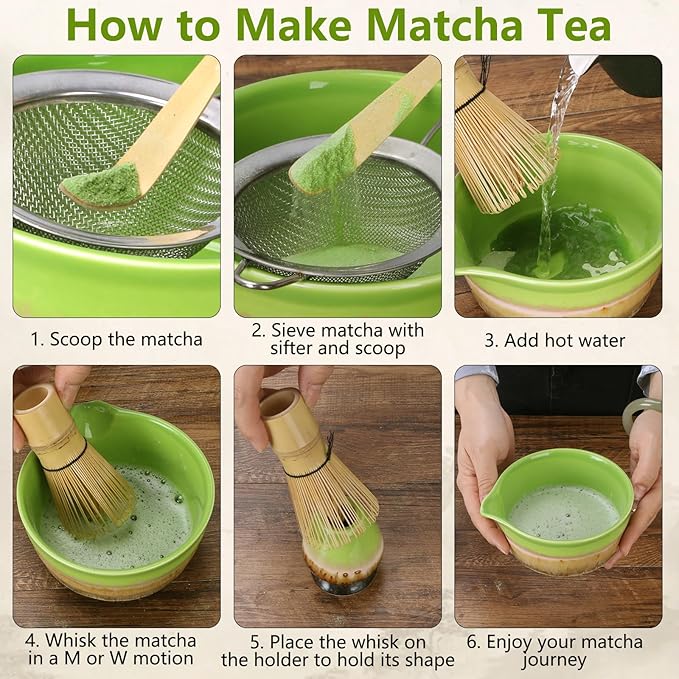 Matcha Whisk Set,Bamboo Chasen Whisk,Green Matcha Bowl with Spout, Chashaku Scoop, Sifter,Matcha Whisk and Holder – 5 PCS Matcha Kit for Matcha Lovers Making Latte Drinks,Gift for Starters Lovers