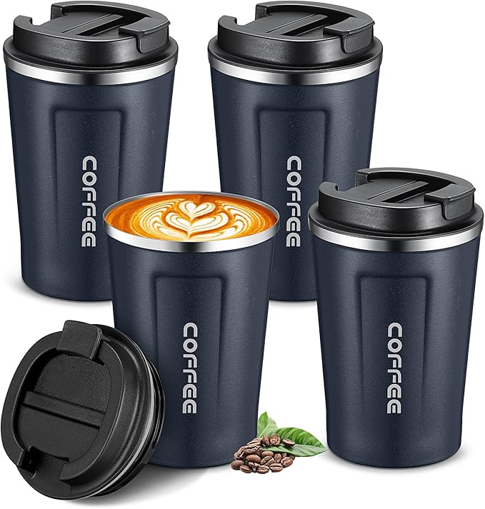 Sieral 4 Pcs 13 oz Travel Coffee Mug Insulated Reusable Coffee Cups with Leakproof Lid Stainless Steel Portable Tumbler for Keep Hot or Ice Milk Tea(Navy Blue)