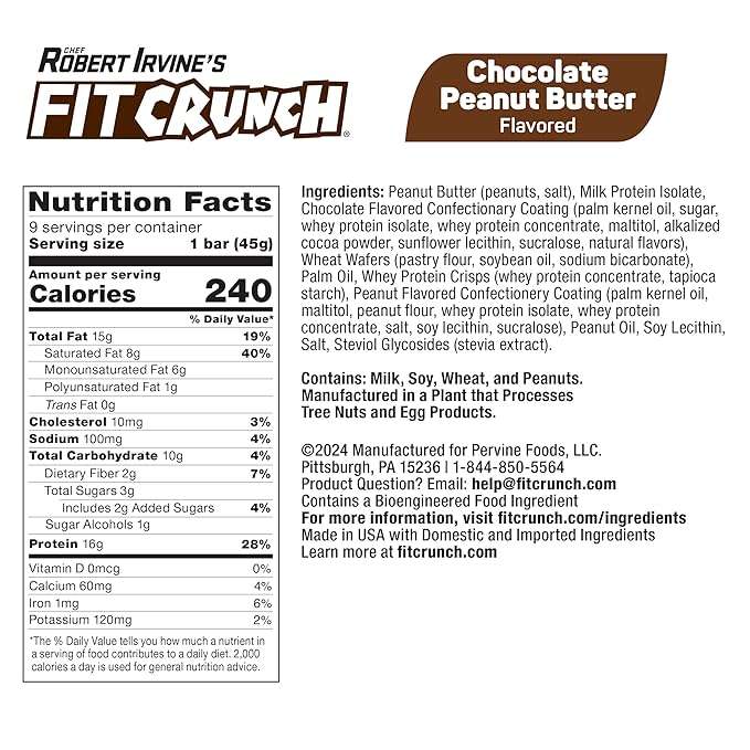FITCRUNCH Wafer Protein Bars, 16g of Protein & 3g of Sugar (9 Bars, Chocolate Peanut Butter)