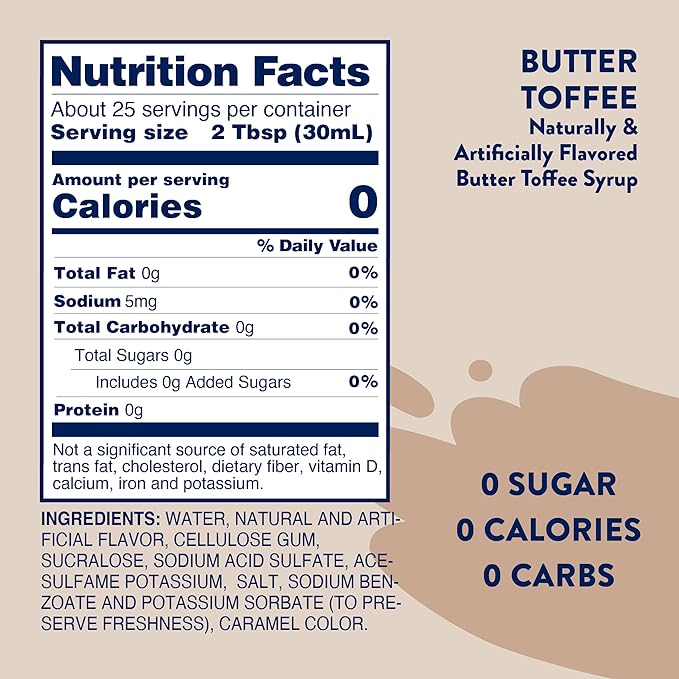 Jordan's Skinny Syrups Sugar Free Coffee Syrup, Butter Toffee Flavor Drink Mix, Zero Calorie Flavoring for Lattes, Protein Shake, Food & More, Gluten Free, Keto Friendly, 25.4 Fl Oz, 1 Pack