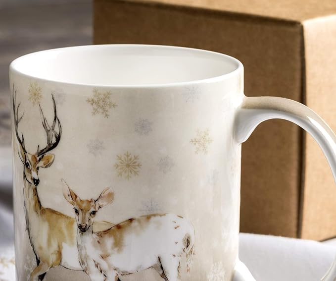Maison d' Hermine Coffee Mug with Handles Fine Bone China Mugs Pack of One Tea Cups for Hot Beverages Cappuccino Latte Home Restaurant Office Perfect for Gift (Deer In The Woods - Oh Deer, 15 Ounce)