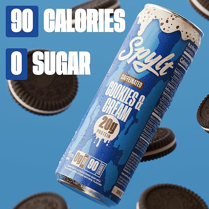 Spylt High Protein Cookies & Cream Milk with 60mg Caffeine & 20g Protein - 90 Calories, Ready to Drink, Sugar Free, Lactose Free Milk, Perfect for Workout Recovery & Afternoon Pick Me Up - 12 Count