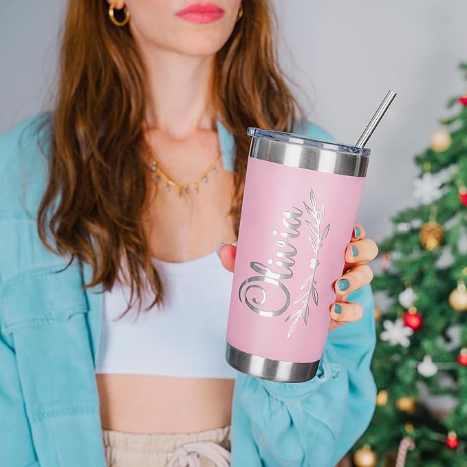 Personalized Tumbler with Engraved Name - 12 Designs, 30 Oz Coffee Tumbler with Slider Lid, Soft Pink, Double Wall Insulated - Gifts for Mom, Custom Gift for Women, Personalized Gift for Her