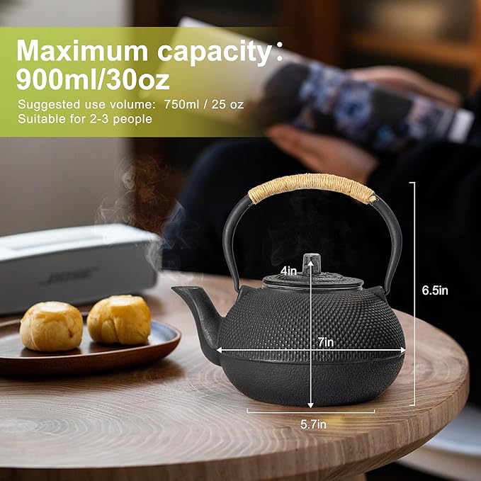 suyika Japanese Tetsubin Cast Iron Teapot Tea Kettle pot with Stainless Steel Infuser for Stovetop Safe Coated with Enameled Interior 30 oz/900 ml