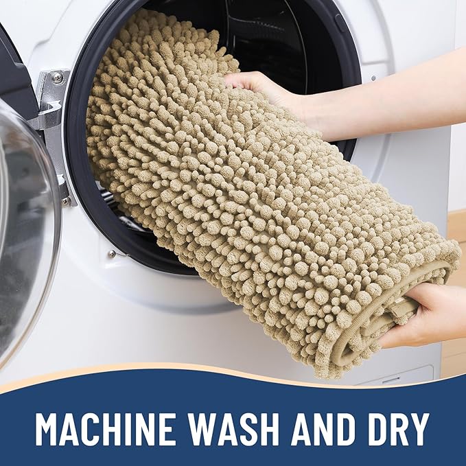 Arotive Luxury Chenille Bathroom Rug Mat, Extra Soft Thick Absorbent Shaggy Bath Rugs, Non-Slip Machine Wash Dry, Plush Bath Mats for Bathroom, Shower and Tub, 54x24, Beige