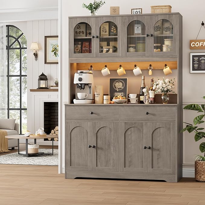 HIFIT 71" LED Kitchen Pantry Cabinet with Power Outlet, Large Kitchen Hutch Storage Cabinet with Arched Door, Shelves, 2 Drawer, Tall Farmhouse Coffee Bar w/Hutch for Home Dining Living Room, Ash Grey