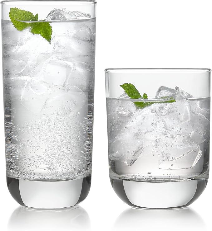 Libbey Polaris Tumbler and Rocks Glass Set, Elegant Drinkware Glasses Set,, Tall Drinking Glasses with Modern Clean Lines, Dishwasher Safe Drinking Glasses Set of 16