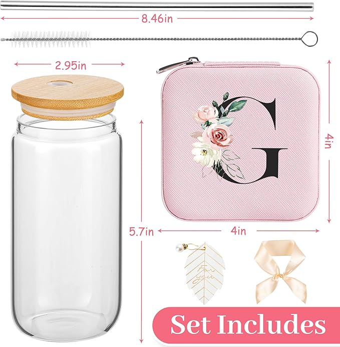 AYGXU Travel essential jewelry box,16oz Glass Cups with Bamboo Lids and Straws set,Personalized Jewelry Boxes for Women Girls,Travel Gifts for Women,Birthday Gifts for Girls,Initial G pink