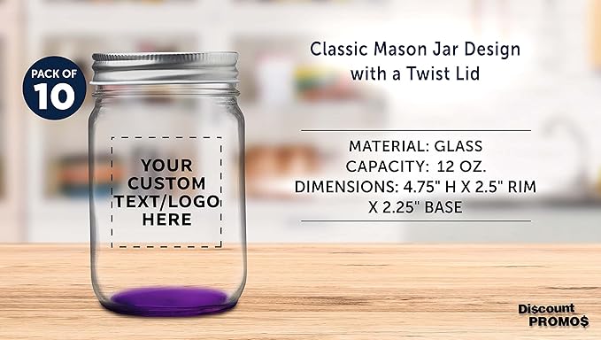 DISCOUNT PROMOS 10 Decorating Mason Jars Set, 12 oz. - Customizable Text, Logo - Canning, Aluminum Lid - Purple
