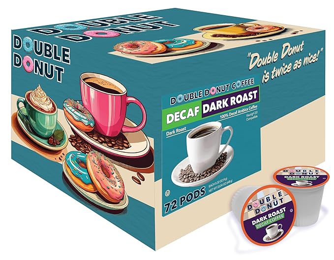 Double Donut Coffee Decaf Extra Bold Blend Dark Coffee pods, Dark Roast Coffee, Compatible with Keurig K Cups Brewers, 72 Count