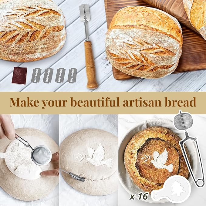 Banneton Bread Proofing Basket Sourdough Bread Baking Supplies, Sourdough Starter Kit with 9" Round & 10" Oval Banneton Baskets, Bread Lame, Sling, Spatula, Scraper, Dough Whisk