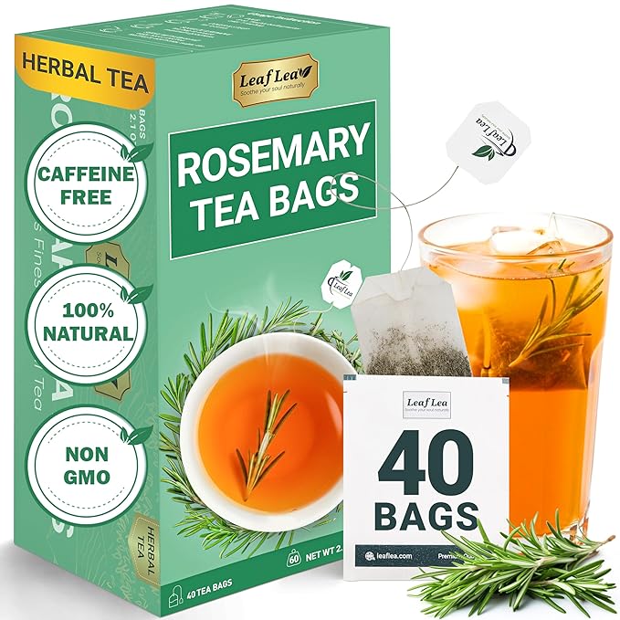 LeafLea 40 Premium Rosemary Tea Bags from 100% Natural Rosemary Leaves, Herbal Tea for Gentle Digestive Comfort, Te De Romero Earthy Taste & Light Aroma, Caffeine-Free, Sugar-Free, Non-GMO