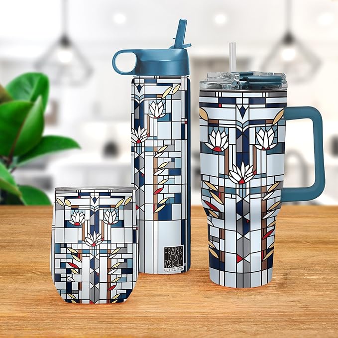 RainCaper 18/8 Stainless Steel Insulated Water Tumbler with Straw | 30oz, BPA-Free, Double Wall for Hot & Cold | Travel-Friendly, Cup Holder Ready (Frank Lloyd Wright Waterlilies)