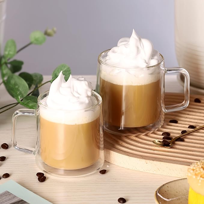 CNGLASS 10oz Glass Coffee Mugs,Double Wall Insulated Glass Mugs with Handle,Clear Espresso Mug for Latte,Cappuccino,Tea Bag,Set of 2