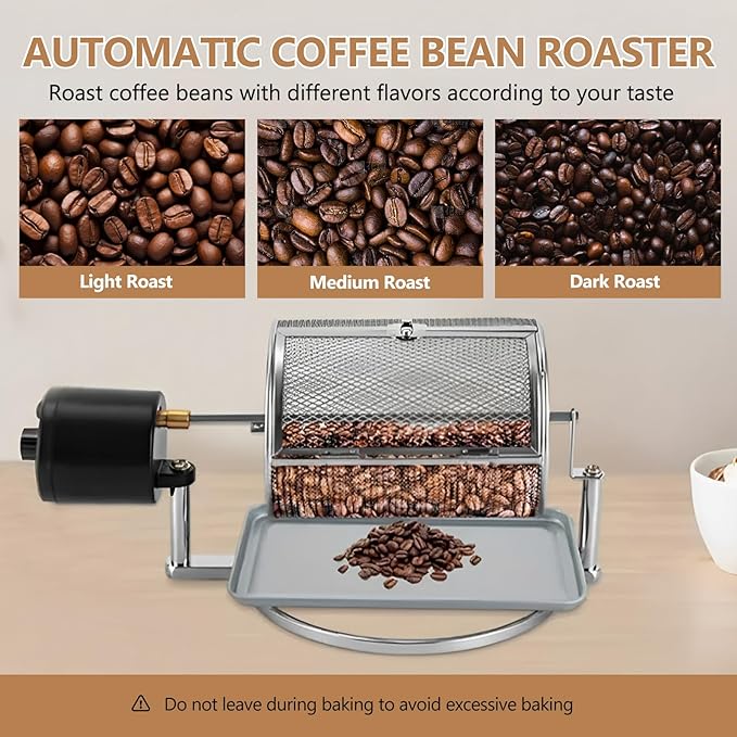 Coffee Roaster Machine for Home Use, Stainless Steel 14W Electric Coffee Roaster Machine with Tray, Speed Adjust, Auto-matic Nuts Coffee Bean Roaster Drum for Homes, Cafes, Hotels Silver