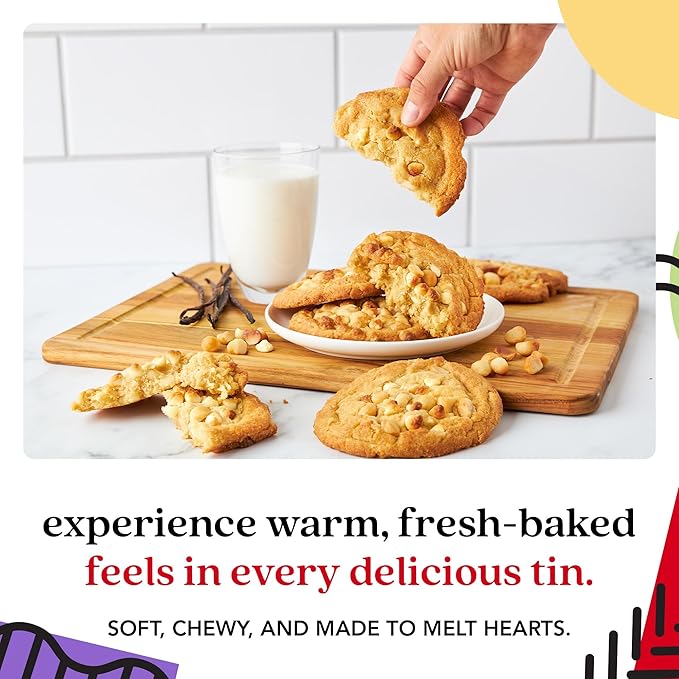 David's Cookies Fresh Baked Decadent Jumbo Vanilla Chip Macadamia Nut Cookies – 2lb Gift Basket Tin with 8 Large Vanilla Cookies – Bakery-Style Soft and Chewy Dessert for Birthdays, Special Occasions