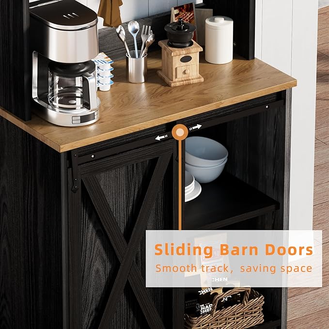 Farmhouse Coffee Bar with 3 Tier Storage Hutch, 56 Inch Small Bar Station with 6 Hooks, Corner Table with Adjustable Shelves for Living Dining Room (Black)