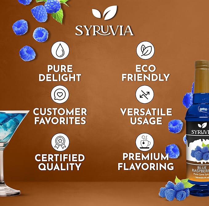 Syruvia Blue Raspberry Syrup 25.40 Ounces Blue Raspberry Flavoring Syrup - Kosher, Gluten-Free, Ideal for Elevating Beverage Adventures